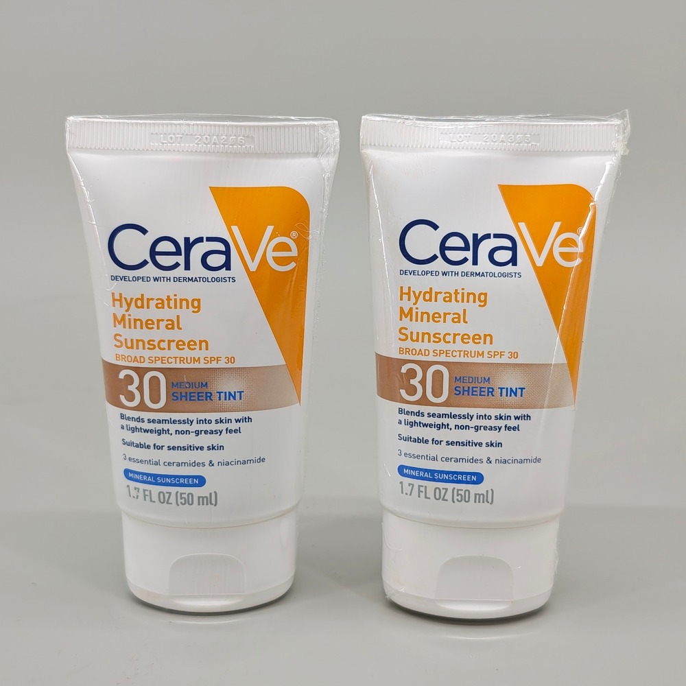 CeraVe Hydrating Mineral Sunscreen SPF 30 Medium Sheer Tint 2 Pack Exp 1/28
